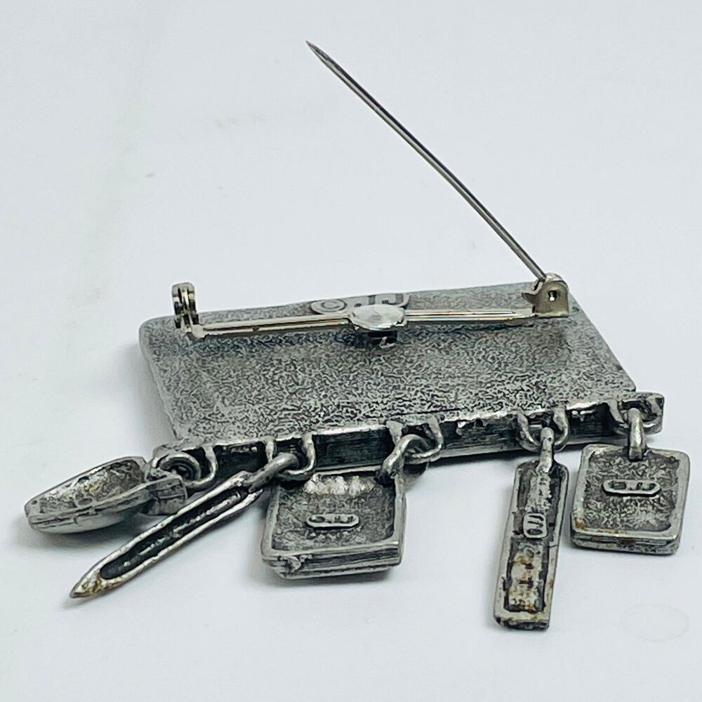 JJ Teacher Chalkboard Dangle Brooch Pin Math Charms Pewter Vintage Approx 2" L - Picture 4 of 4